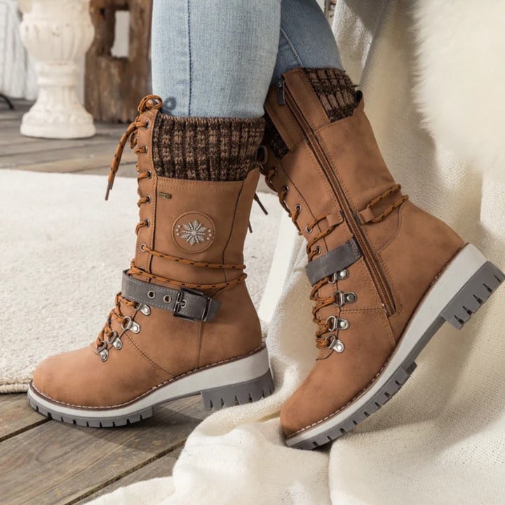 AVERY - WOMEN BUCKLE LACE KNITTED MID-CALF BOOTS