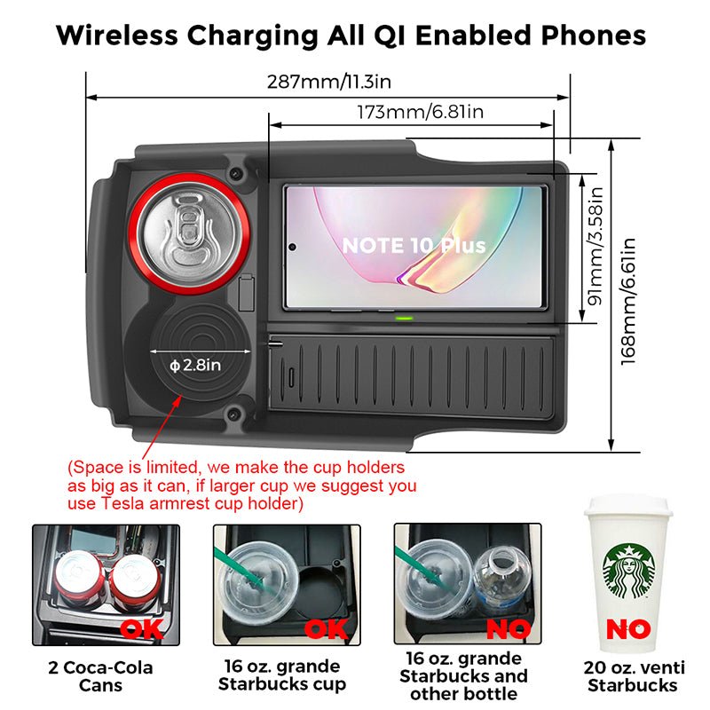 Model S/Model X  2016-2019 Mobile Wireless Charger Center Console Storage Box with Cup Holder