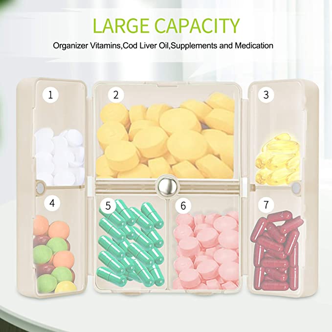 LAST DAY SALE BUY 2 GET 1 FREE - Daily Pill Organizer, 7 Compartments Portable Pill Case Travel Pill Organizer,[Folding Design] Pill Box