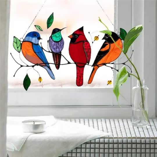 Birds Stained Window Panel Hanging