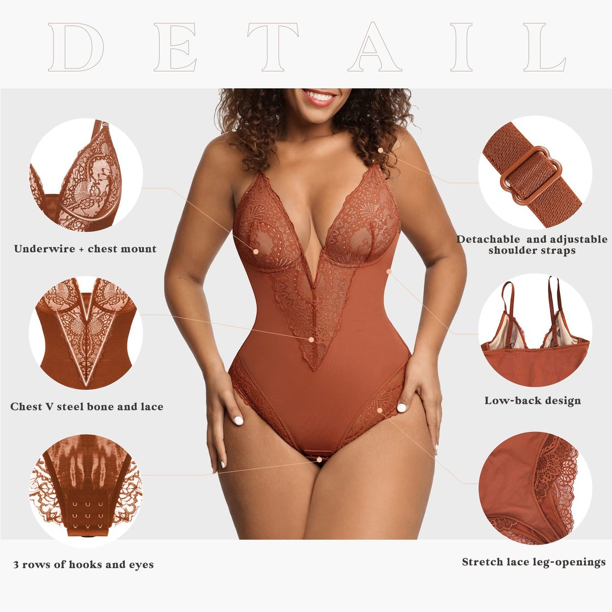 Hmulefate Deep-V Neck Lace Thong Bodysuit