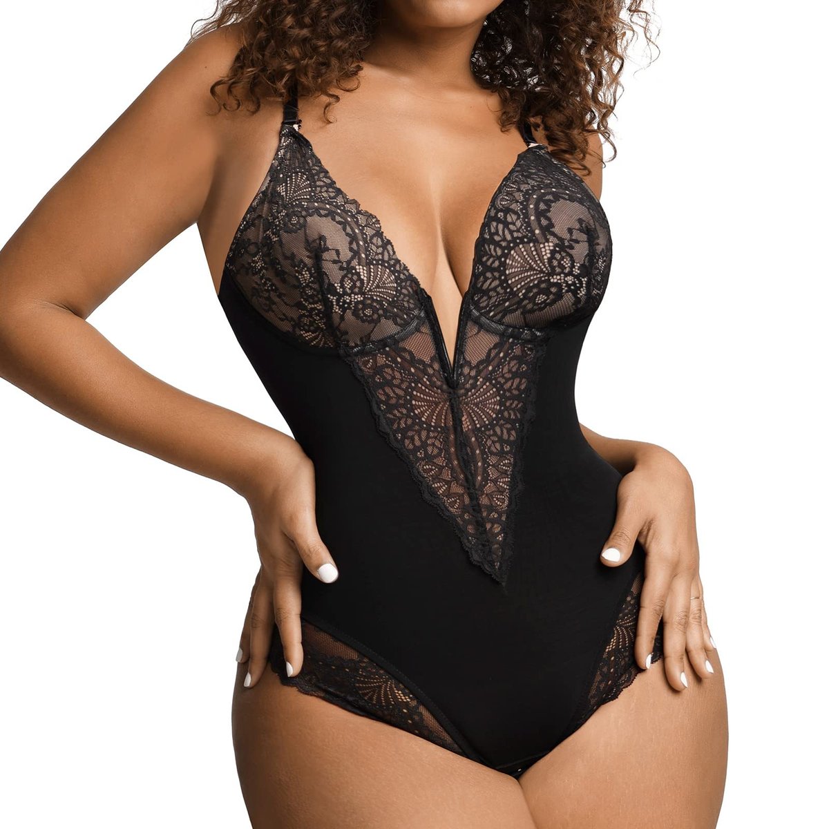 Hmulefate Deep-V Neck Lace Thong Bodysuit