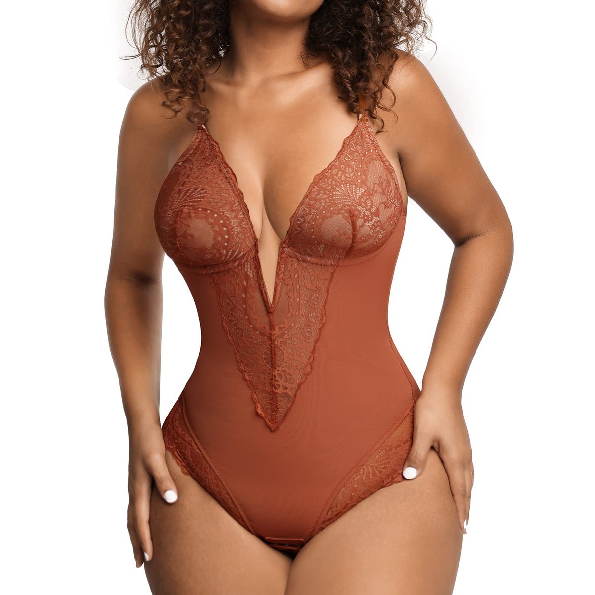 Hmulefate Deep-V Neck Lace Thong Bodysuit