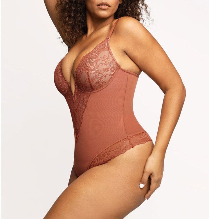 Hmulefate Deep-V Neck Lace Thong Bodysuit