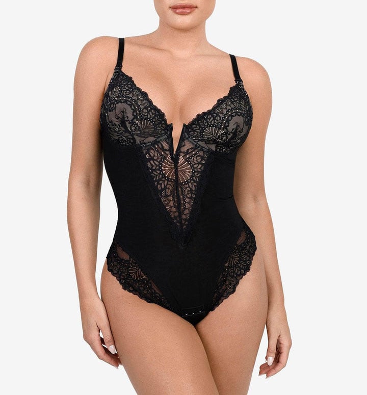 Hmulefate Deep-V Neck Lace Thong Bodysuit