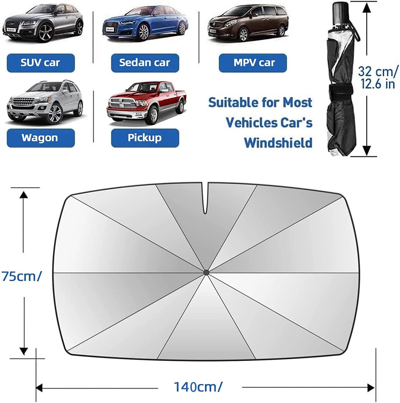 Car Windshield Sun Shade Umbrella - Foldable Car Umbrella Sunshade Cover UV Block Car Front Window (Heat Insulation Protection) for Auto Windshield Covers Most Cars