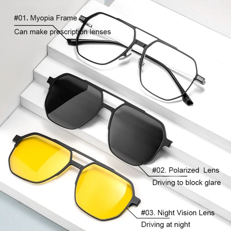 FOR MEN & WOMEN “3-IN-1 MAGNETIC POLARIZED SUNGLASSES: ALUMINUM-MAGNESIUM FRAME, NIGHT VISION & PILOT STYLE”