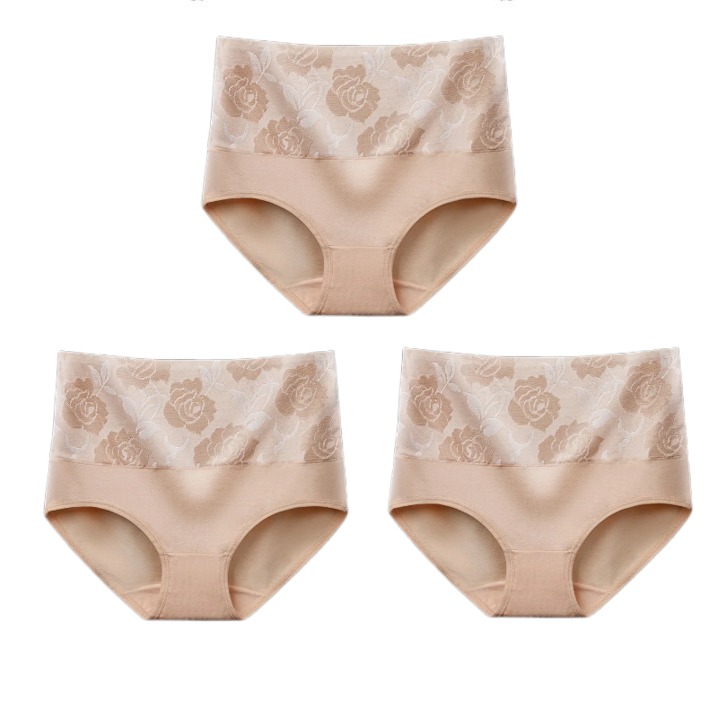 (Last Day Promotion SAVE 50% OFF) - Cotton High Waist Tummy Control Leak proof Panties Rose Jacquard Ladies Panty Multipack (3PCS/SET)