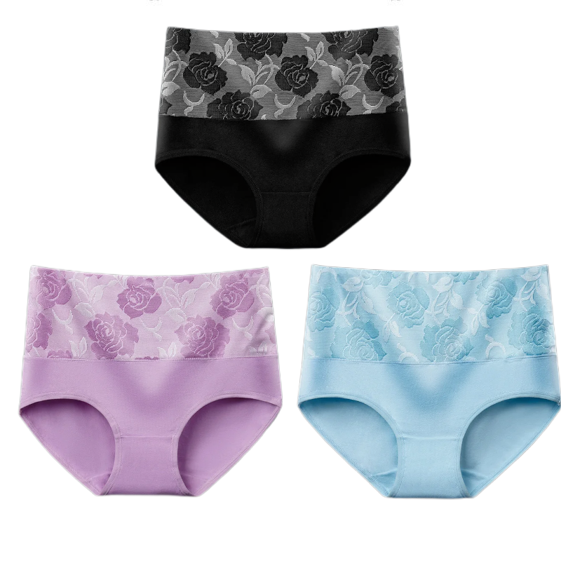 (Last Day Promotion SAVE 50% OFF) - Cotton High Waist Tummy Control Leak proof Panties Rose Jacquard Ladies Panty Multipack (3PCS/SET)