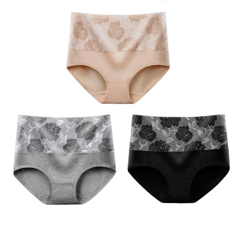 (Last Day Promotion SAVE 50% OFF) - Cotton High Waist Tummy Control Leak proof Panties Rose Jacquard Ladies Panty Multipack (3PCS/SET)