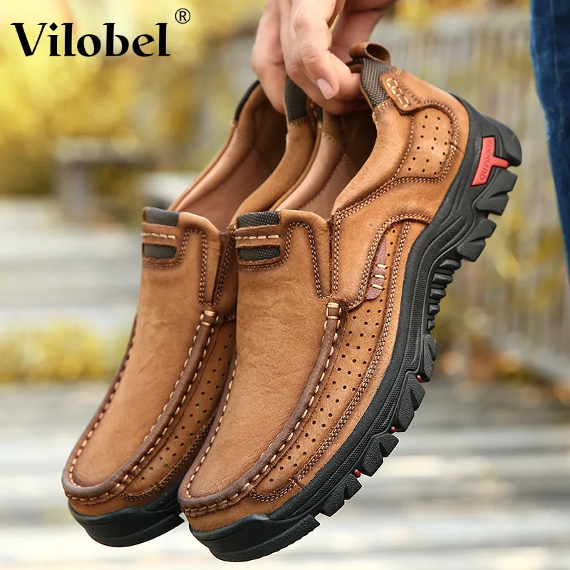 Mens Non-slip Walking Shoes Leather Lightweight Breathable Casual Loafers