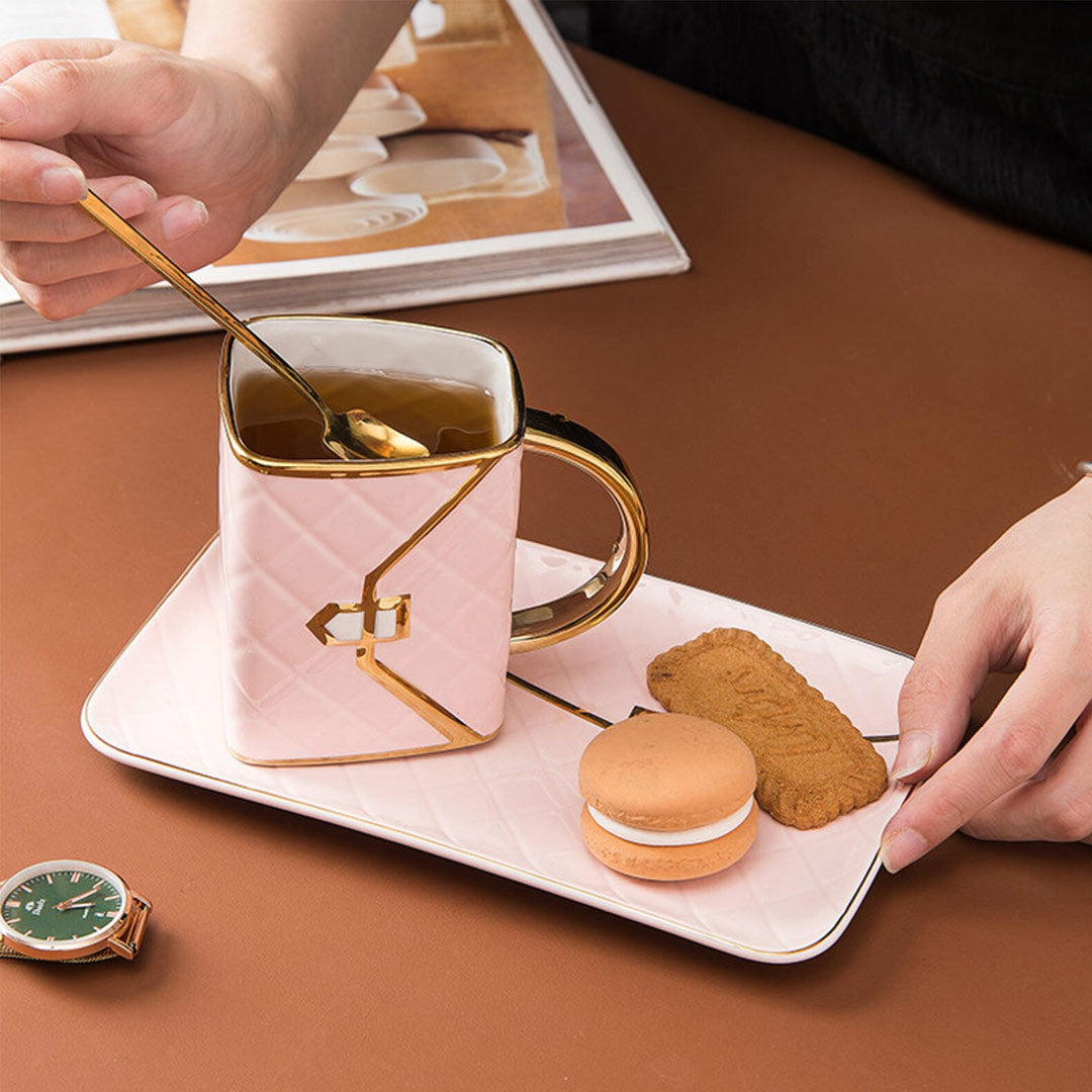 Handbag-Shaped Creative Mug With Saucer & Spoon