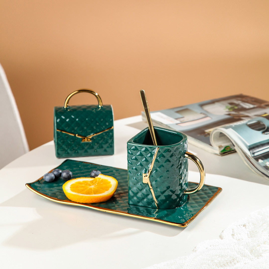 Handbag-Shaped Creative Mug With Saucer & Spoon