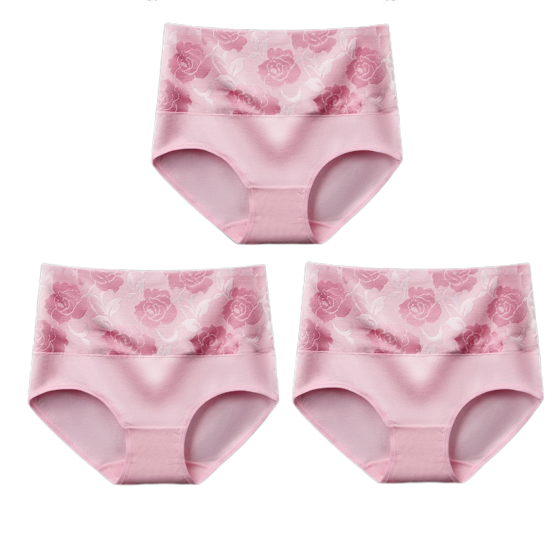 (Last Day Promotion SAVE 50% OFF) - Cotton High Waist Tummy Control Leak proof Panties Rose Jacquard Ladies Panty Multipack - BUY 2 SETS GET 10% OFF