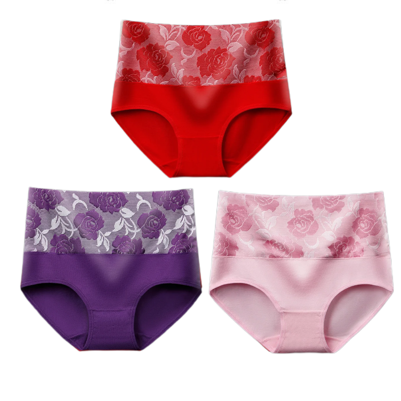 (Last Day Promotion SAVE 50% OFF) - Cotton High Waist Tummy Control Leak proof Panties Rose Jacquard Ladies Panty Multipack - BUY 2 SETS GET 10% OFF