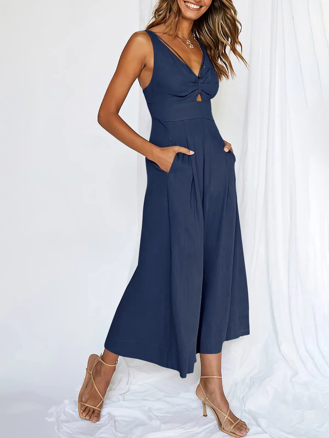 V Neck Cutout High-Waist Jumpsuits