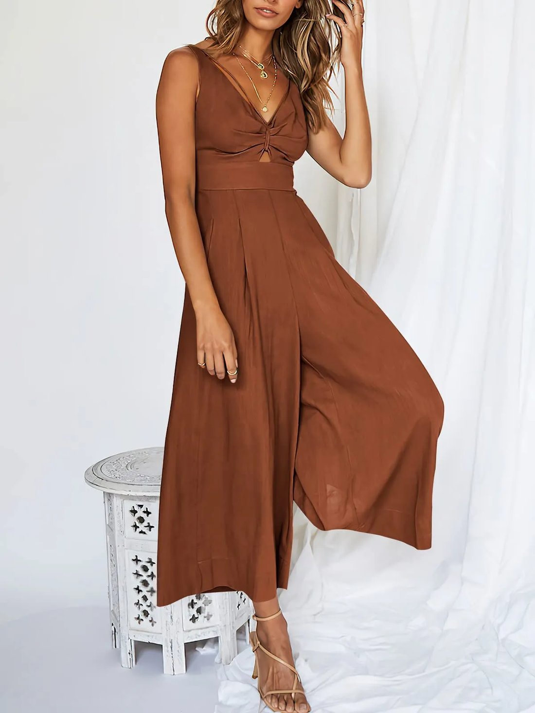 V Neck Cutout High-Waist Jumpsuits