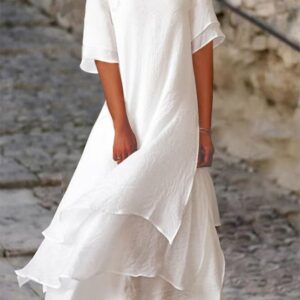 Cotton And Linen Double-Layer Color-Block Slit Short-Sleeved Round Neck Dress