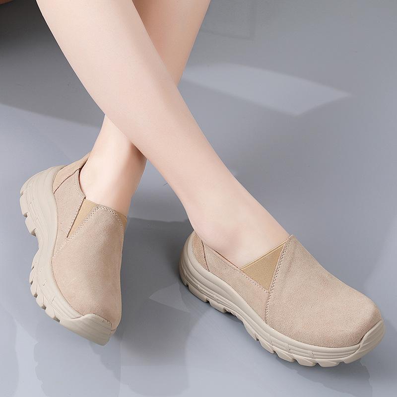 Autumn breathable leather elasticated slip on casual platform shoes