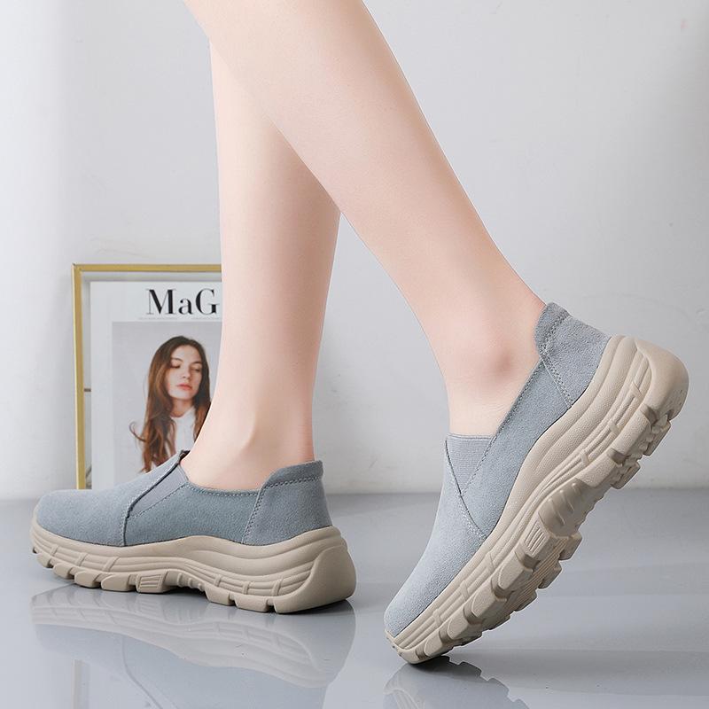 Autumn breathable leather elasticated slip on casual platform shoes