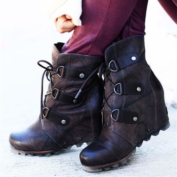 Women Lace Up Wedge Mid Winter Boots