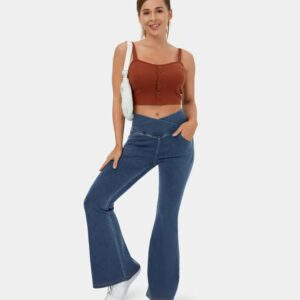 Stretchy Denim High Waisted Crossover Flare Pants