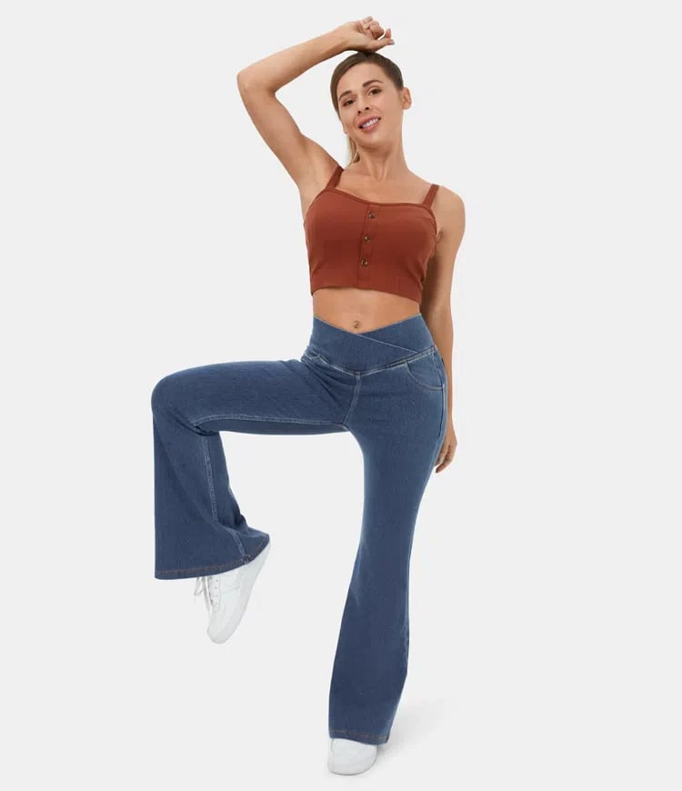 Stretchy Denim High Waisted Crossover Flare Pants