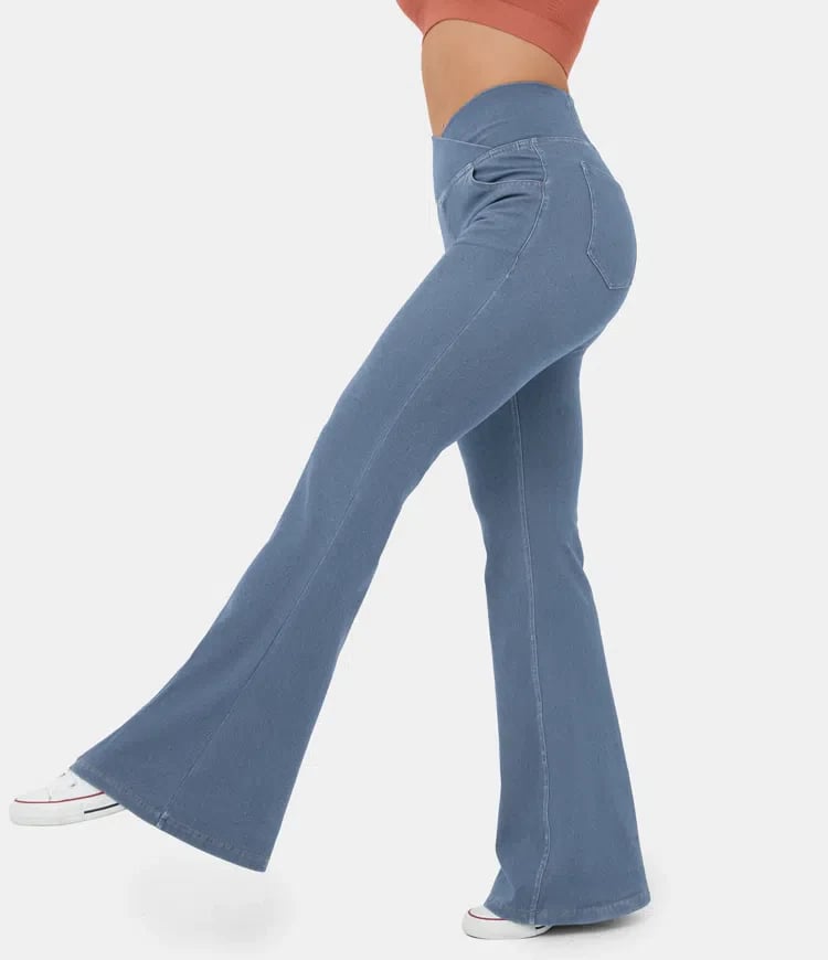 Stretchy Denim High Waisted Crossover Flare Pants