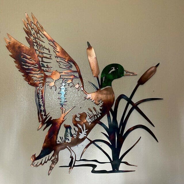 Solo Mallard Hunting & Trout Fishing Scene Metal Wall Art