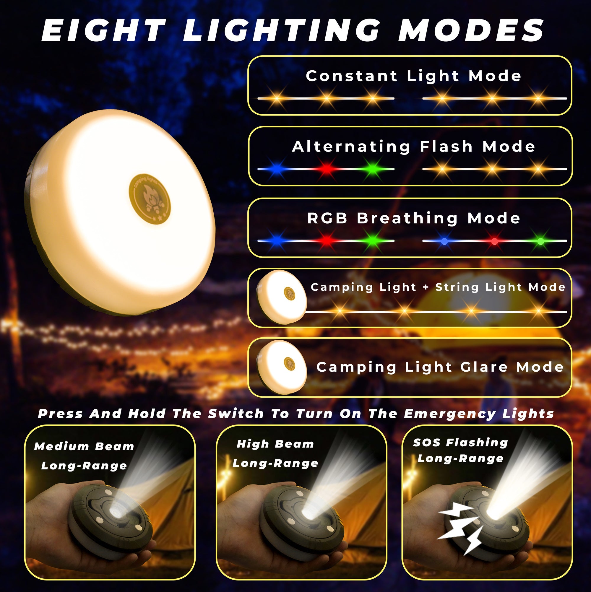 Retractable Camping Lights: All-in-One Warm & RGB Modes